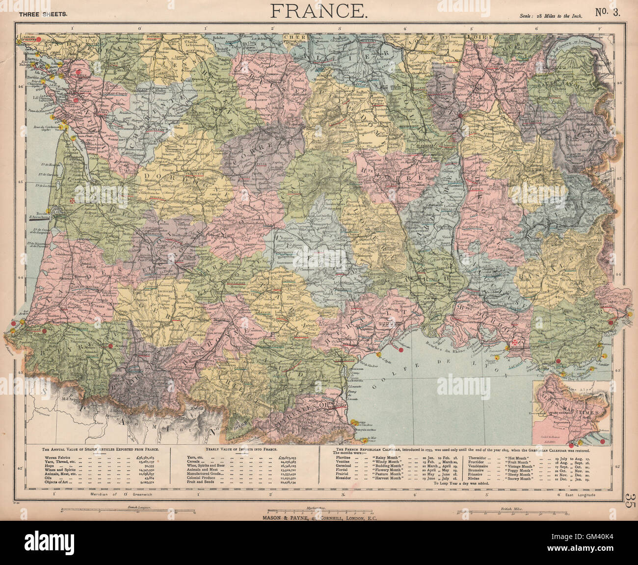 La Francia del sud. Fari. Calendario repubblicano francese 1793-1805. LETTS  1889 mappa Foto stock - Alamy