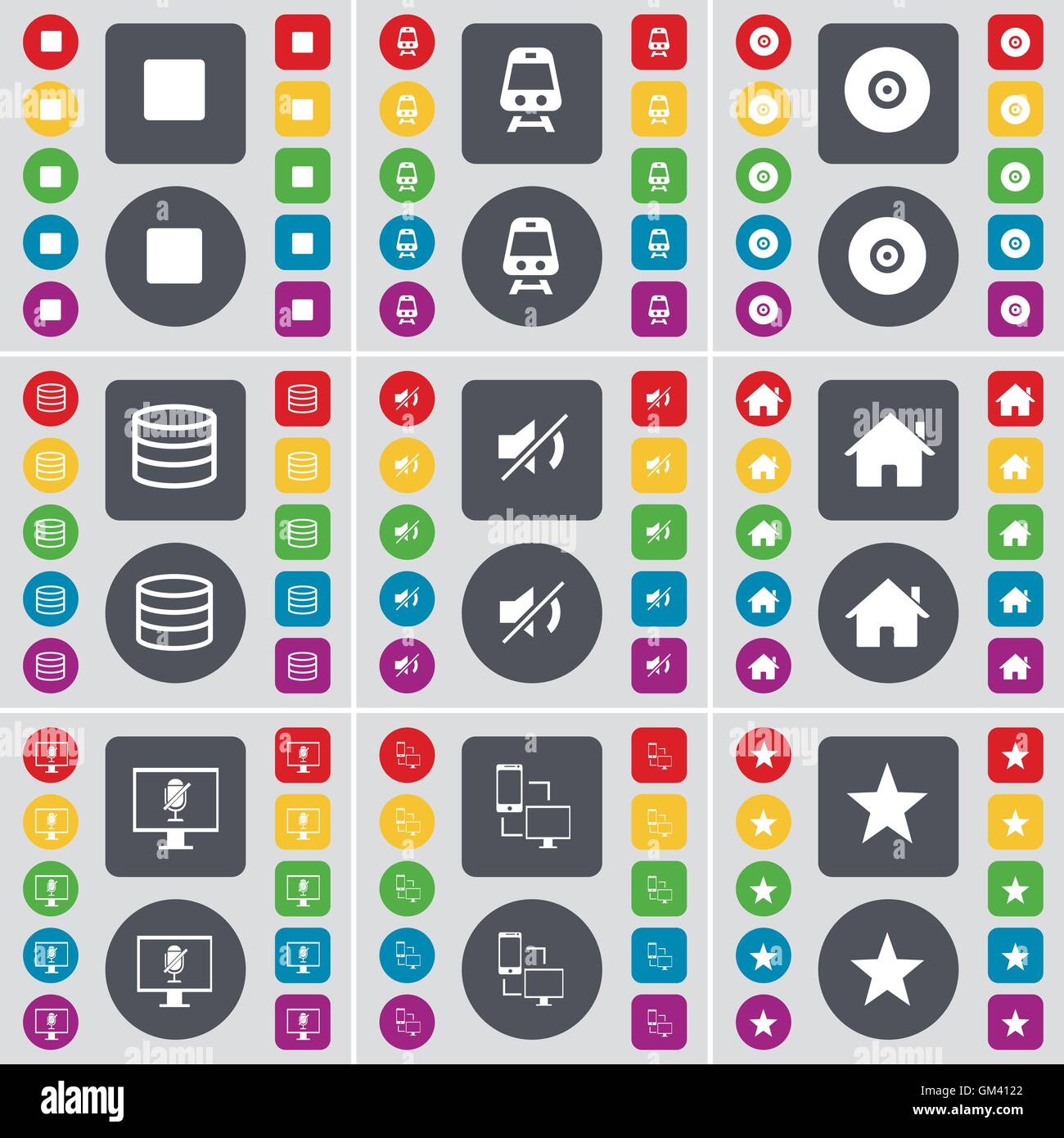 Arresta il file multimediale, Treno, Disco, Database, Mute, House, monitorare la connessione, l'icona a stella simbolo. Un grande insieme di Piana, pulsanti colorati per Illustrazione Vettoriale
