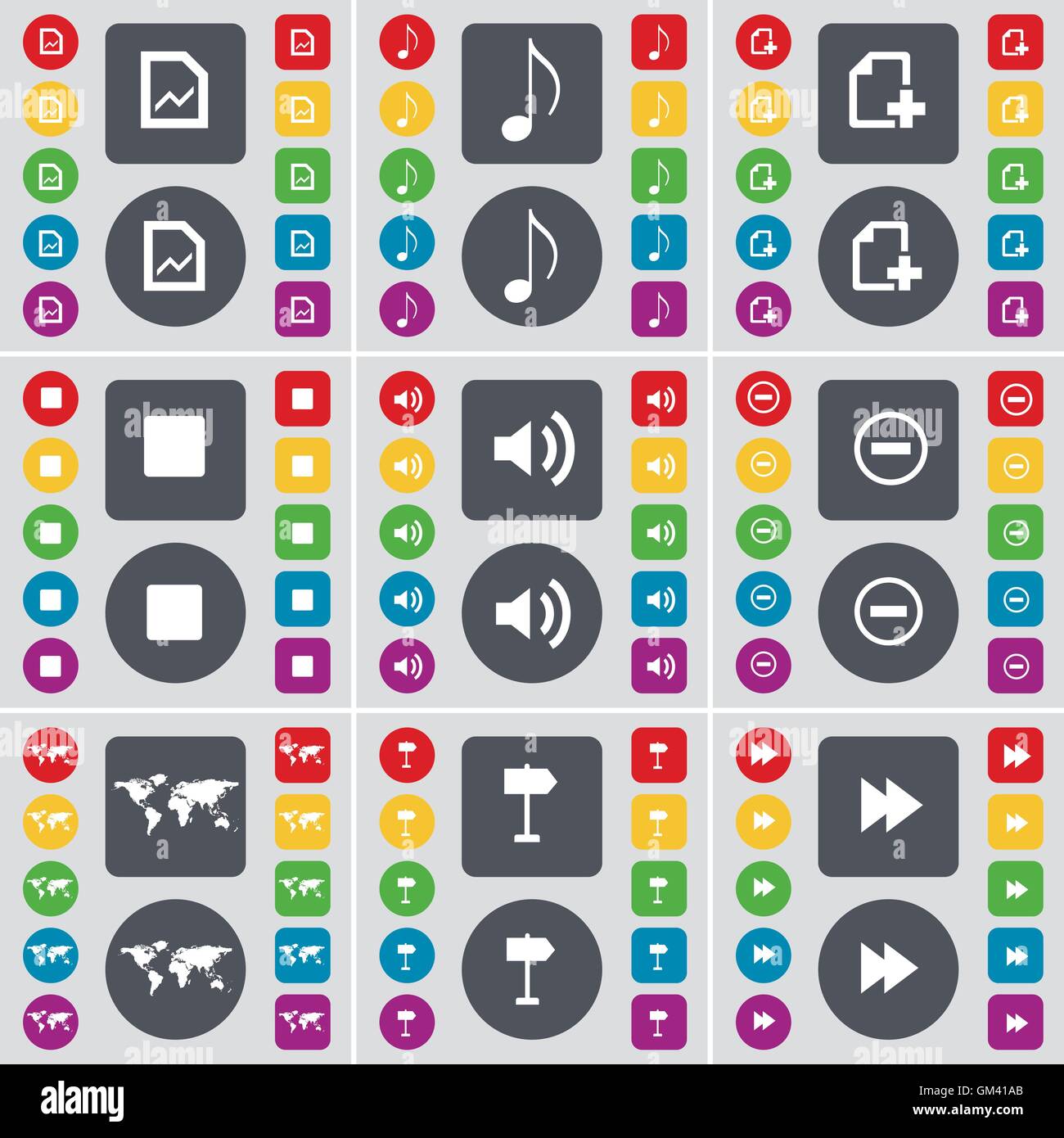 File grafico, nota, File Media stop, meno, Globe, segnaletica, icona Riavvolgi simbolo. Un grande insieme di Piana, pulsanti colorati per il vostro de Illustrazione Vettoriale