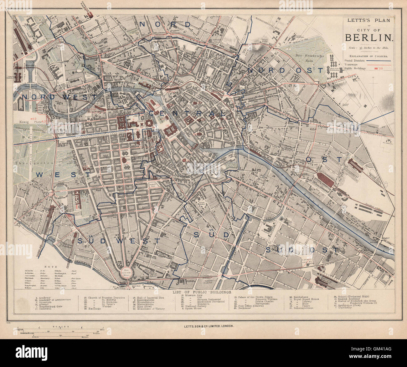 Berlino città antica città mappa piano. Tranvie ferrovie distretti postali LETTS 1889 Foto Stock