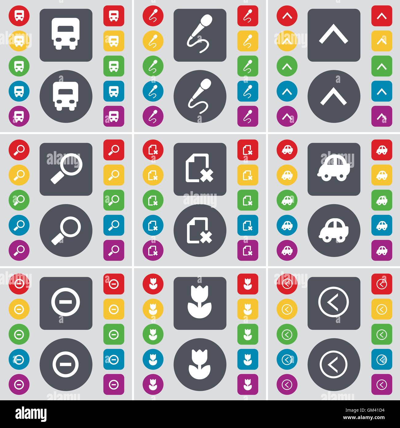 Carrello, microfono, Freccia su, lente di ingrandimento, Fuoco, auto meno, fiore, Freccia a sinistra icona simbolo. Un grande insieme di Piana, pulsanti colorati per il vostro design. Vettore Illustrazione Vettoriale