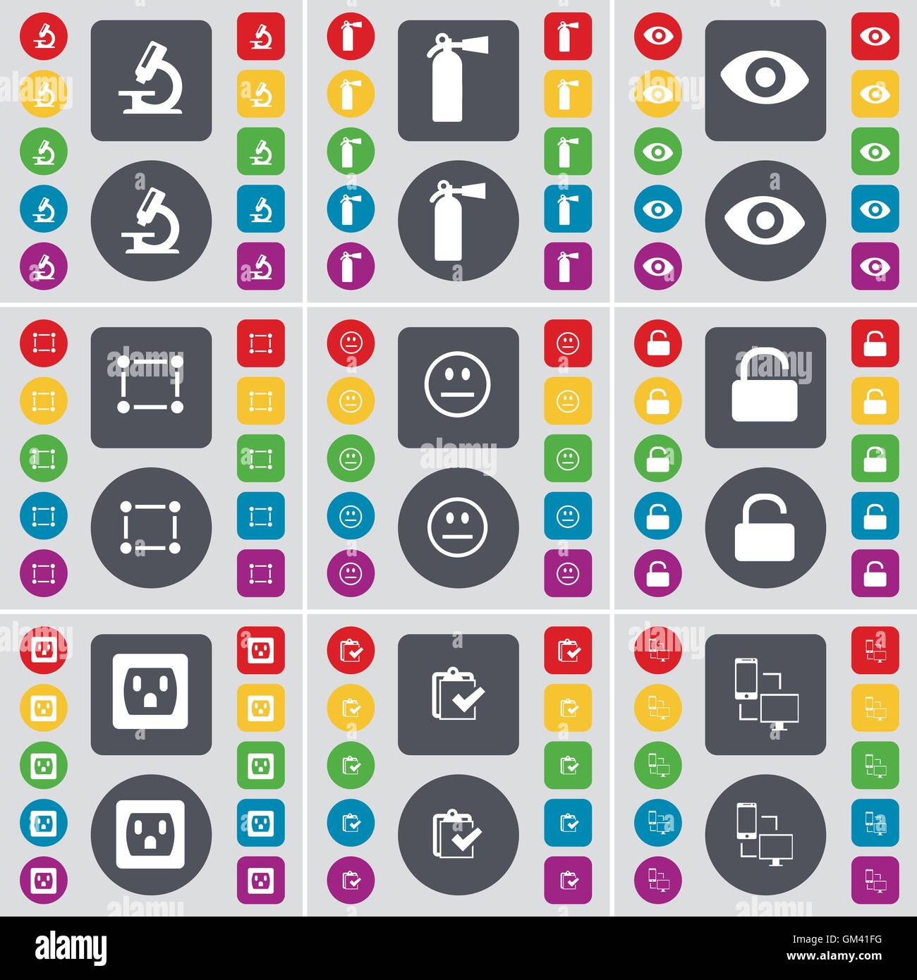 Microscopio, estintore, Viision, telaio, sorriso, serratura, Socket, indagine, Collegamento icona simbolo. Un grande insieme di Piana, pulsanti colorati per il vostro design. Vettore Illustrazione Vettoriale
