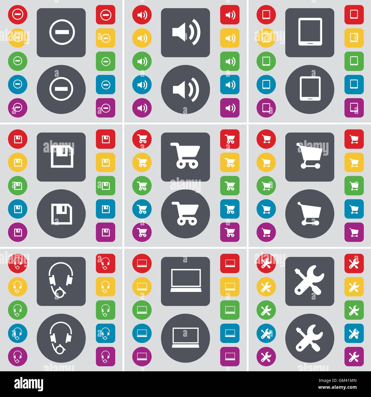 Meno, suono, Tablet PC, Floppy, carrello, cuffie, Laptop, icona a forma di chiave inglese simbolo. Un grande insieme di Piana, pulsanti colorati per Illustrazione Vettoriale