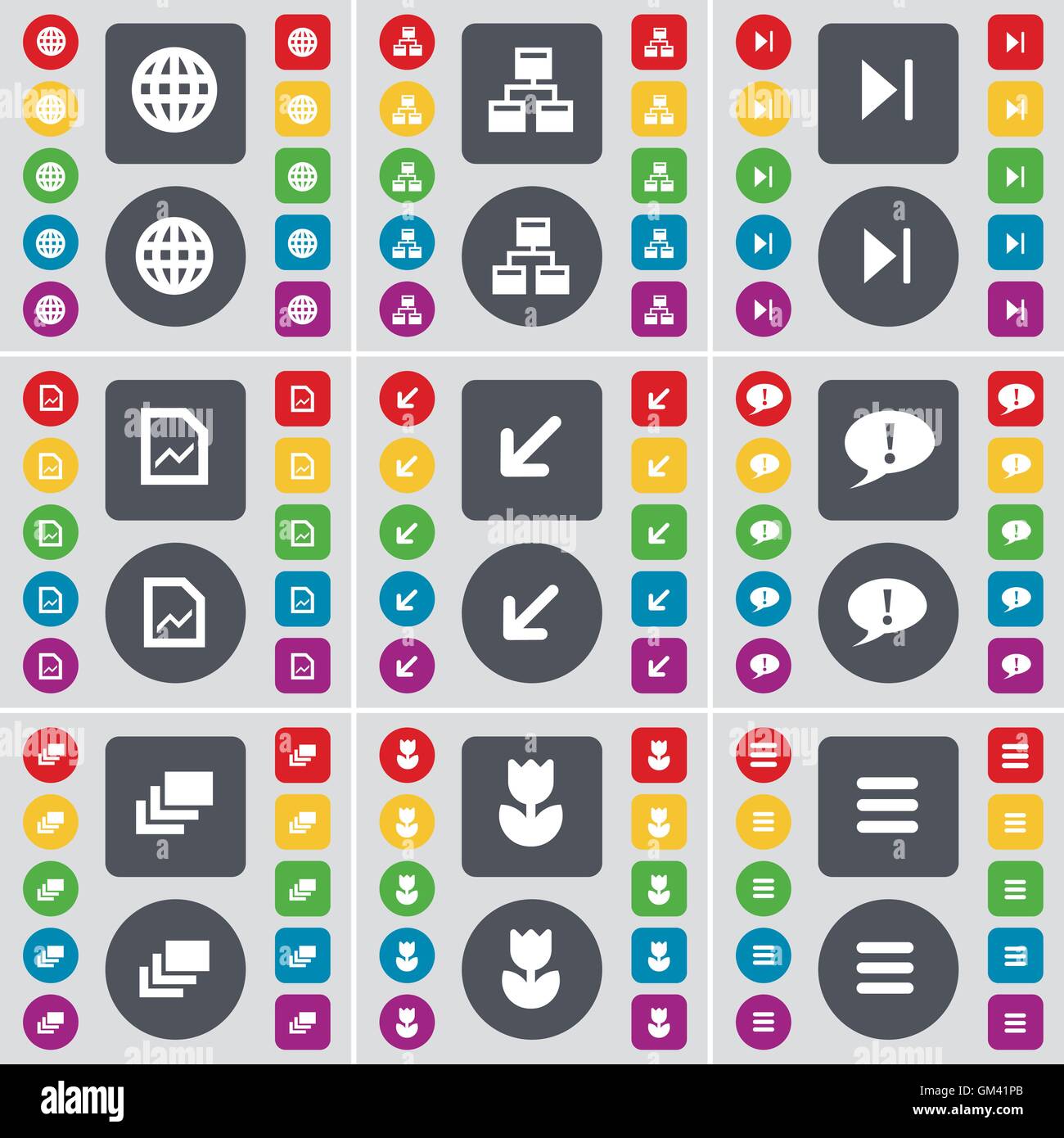 Globe, rete Media saltare, file grafico, distribuzione di schermo, bolla di Chat, Galleria, fiore, Apps icona simbolo. Un grande insieme di piatto, c Illustrazione Vettoriale