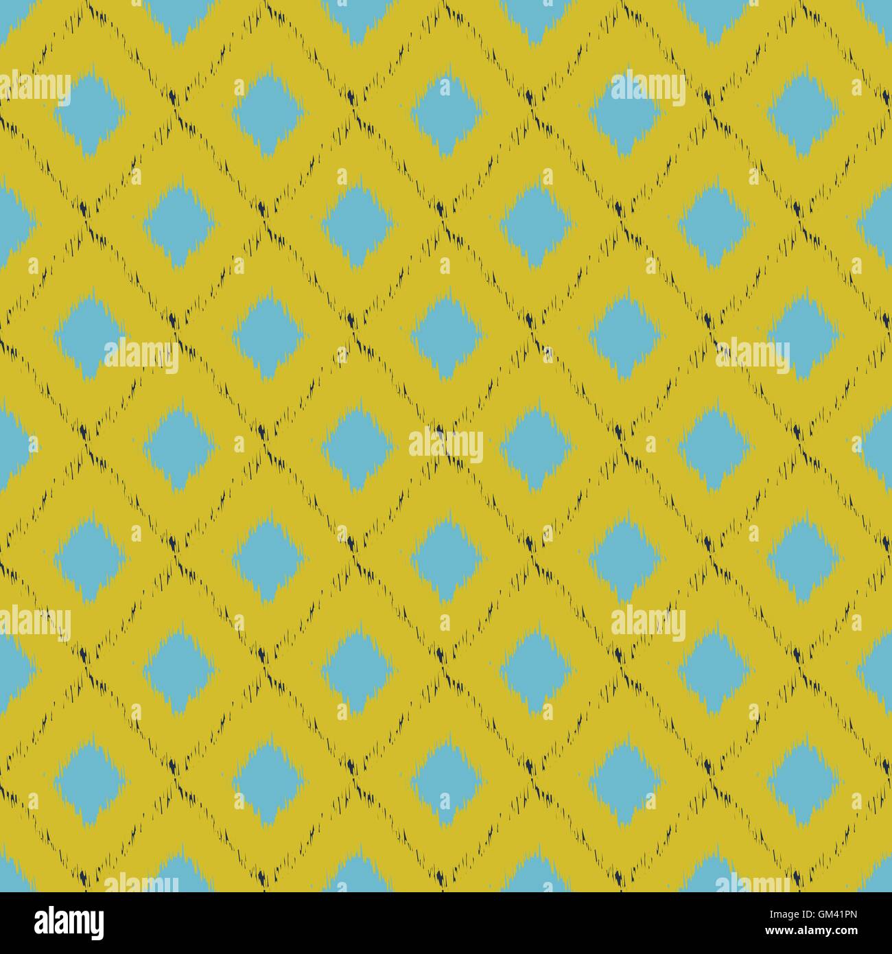 Seamless pattern ikat mostrando in giallo e blu. Vettore sfondo tribale. Illustrazione Vettoriale