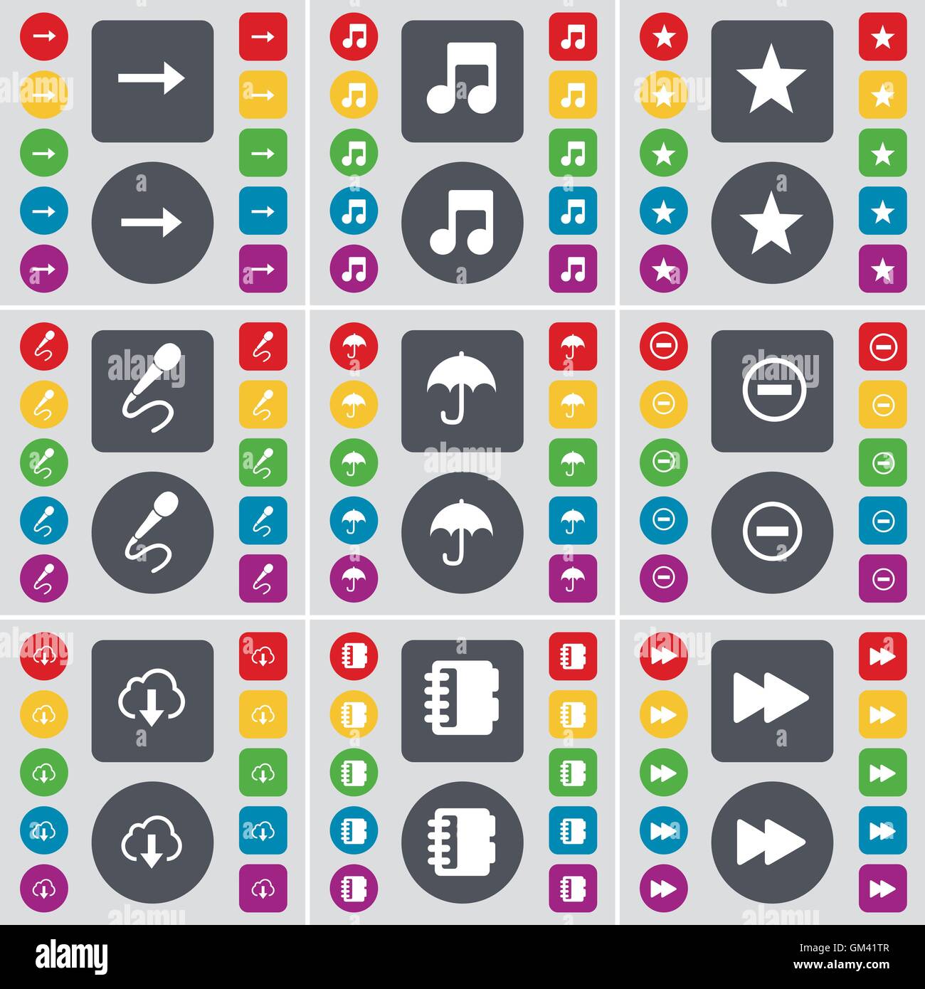 Freccia a destra, nota, stella, microfono, ombrello, meno, Cloud, Notebook, icona Riavvolgi simbolo. Un grande insieme di Piana, pulsanti colorati per il vostro design. Vettore Illustrazione Vettoriale