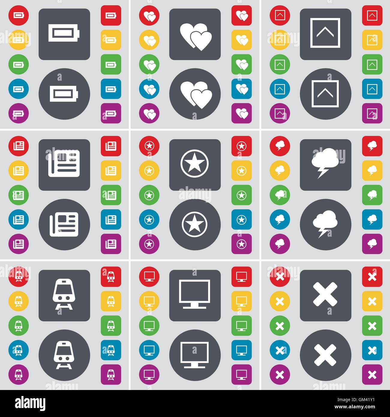 Batteria, cuore, Freccia su, giornale, Star, fulmini, Treno, Monitor, icona Stop simbolo. Un grande insieme di Piana, pulsanti colorati per Illustrazione Vettoriale