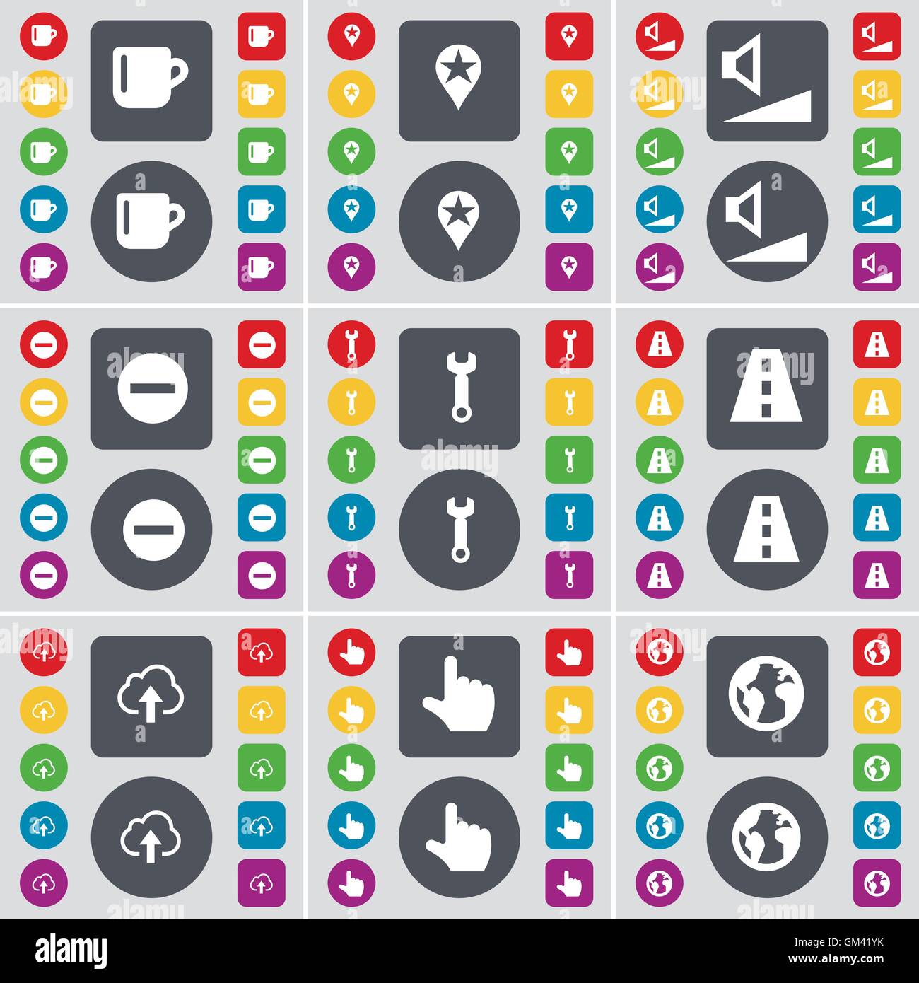 Cup, Checkpoint, Volume, meno, Chiave, Road, Cloud, mano, terra icona simbolo. Un grande insieme di Piana, pulsanti colorati per il vostro design. Vettore Illustrazione Vettoriale