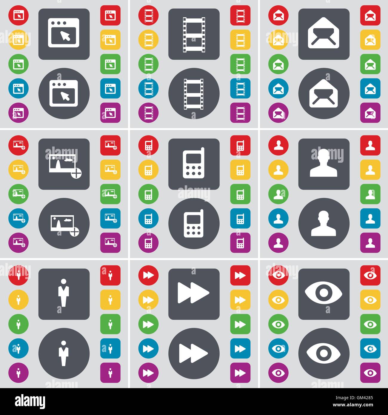 Finestra, pellicole negative, Messaggio, immagine, telefono cellulare, avatar, Silhouette, Rewind, visione icona simbolo. Un grande insieme di Piana, pulsanti colorati per il vostro design. Vettore Illustrazione Vettoriale