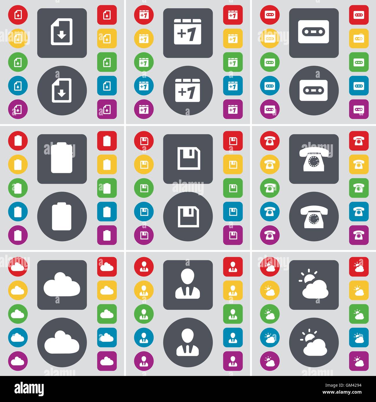 Scaricare il file, più uno, cassetta, batteria, Floppy, telefono retrò, Cloud, avatar, icona Meteo simbolo. Un grande insieme di Piana, pulsanti colorati per il vostro design. Vettore Illustrazione Vettoriale