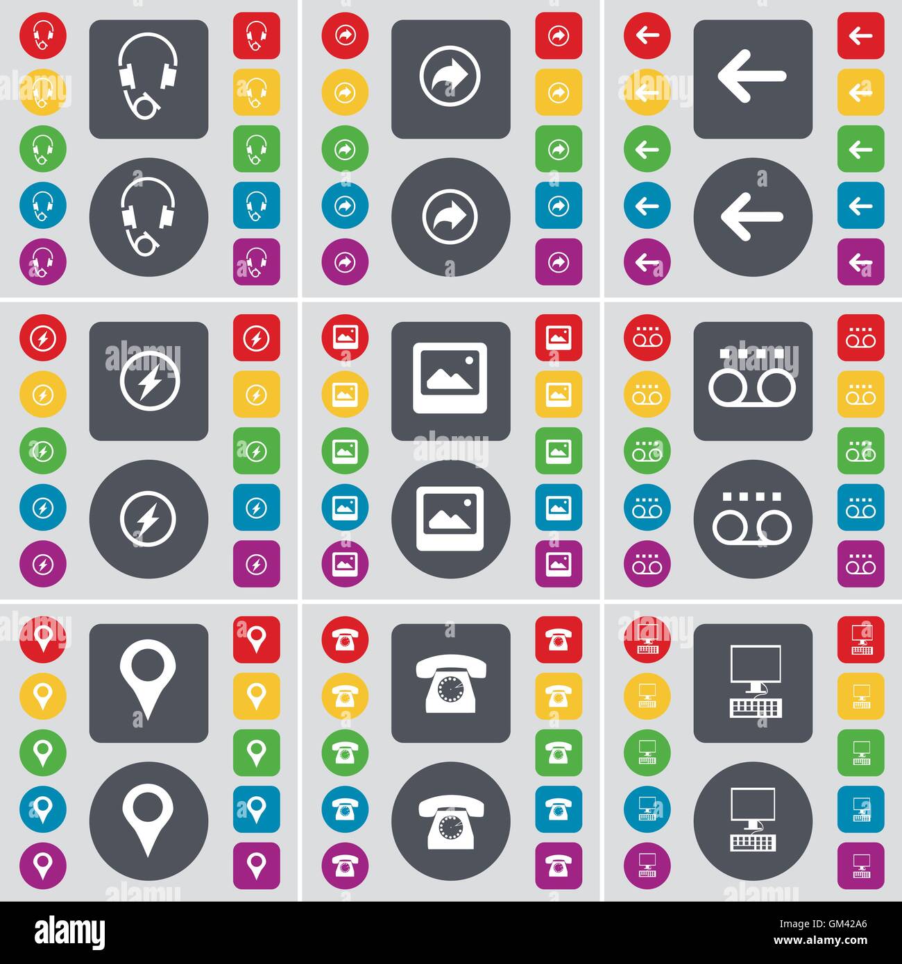 Cuffie, Retro, Freccia sinistra, Flash, finestra, cassetta, Checkpoint, telefono retrò, PC icona simbolo. Un grande insieme di Piana, pulsanti colorati per il vostro design. Vettore Illustrazione Vettoriale