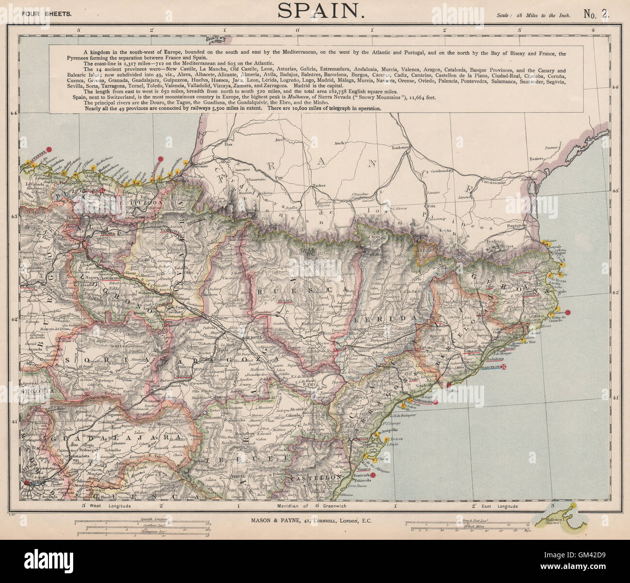 Spagna del nord est. Catalonia Aragon Navarra. Ferrovie fari. LETTS 1889 mappa Foto Stock