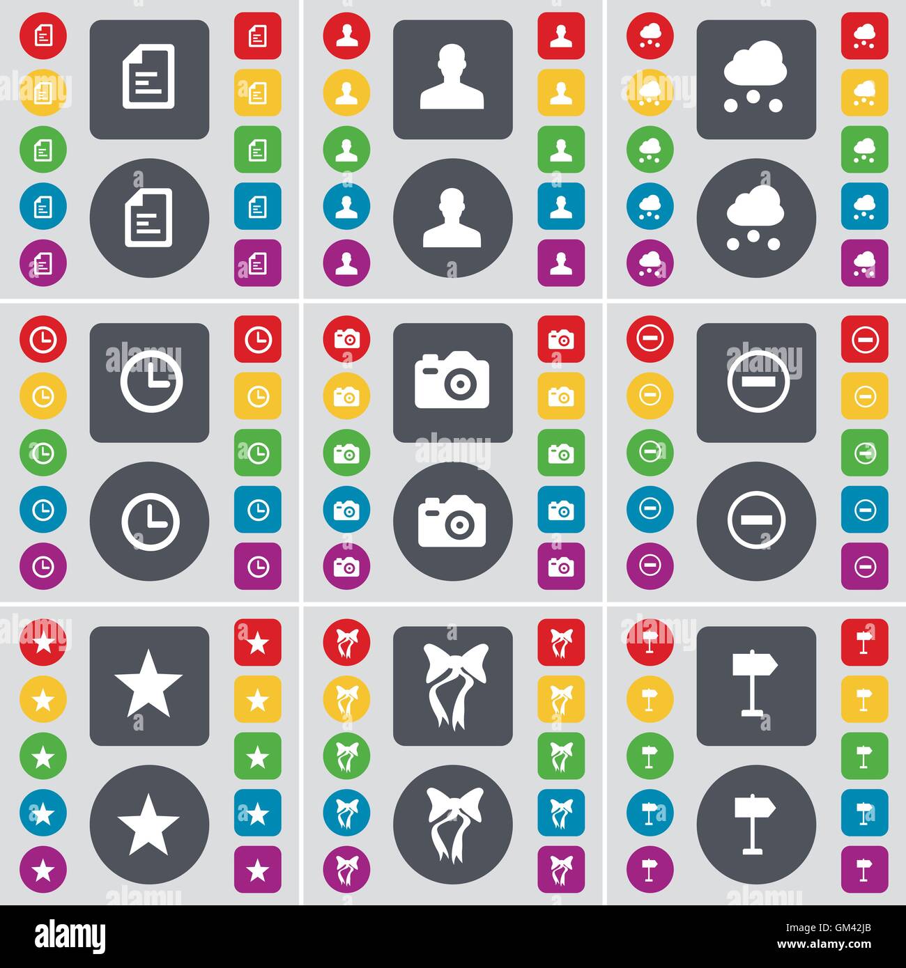 File di testo, avatar, Cloud, orologio, fotocamera, meno, a stella, a prua, icona di orientamento per simbolo. Un grande insieme di Piana, pulsanti colorati per il vostro design. Vettore Illustrazione Vettoriale