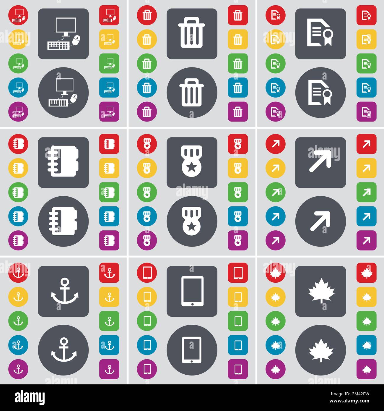 PC, Cestino, file di testo, Notebook, medaglia, a schermo intero, ancoraggio, Tablet PC, Maple Leaf icona simbolo. Un grande insieme di Piana, colorati Illustrazione Vettoriale