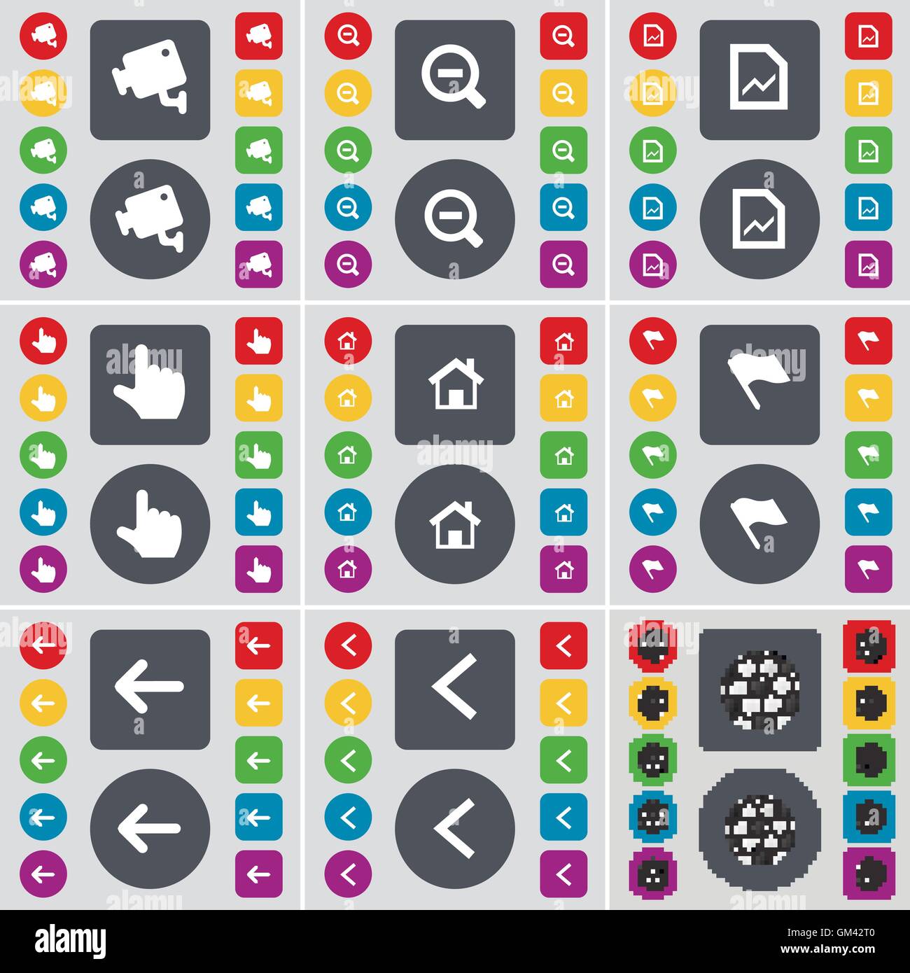 CCTV, meno, Grafico, mano, casa, Bandiera, Freccia a sinistra, sfera icona simbolo. Un grande insieme di Piana, pulsanti colorati per il vostro design. Vecto Illustrazione Vettoriale