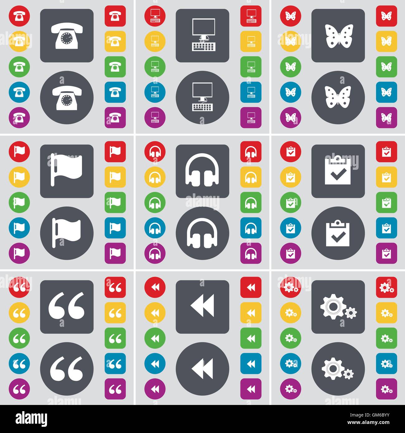 Retrò PC, telefono, Butterfly, Bandiera, cuffie, indagine, virgolette, Rewind, icona a ingranaggio simbolo. Un grande insieme di Piana, pulsanti colorati per il vostro design. Vettore Illustrazione Vettoriale