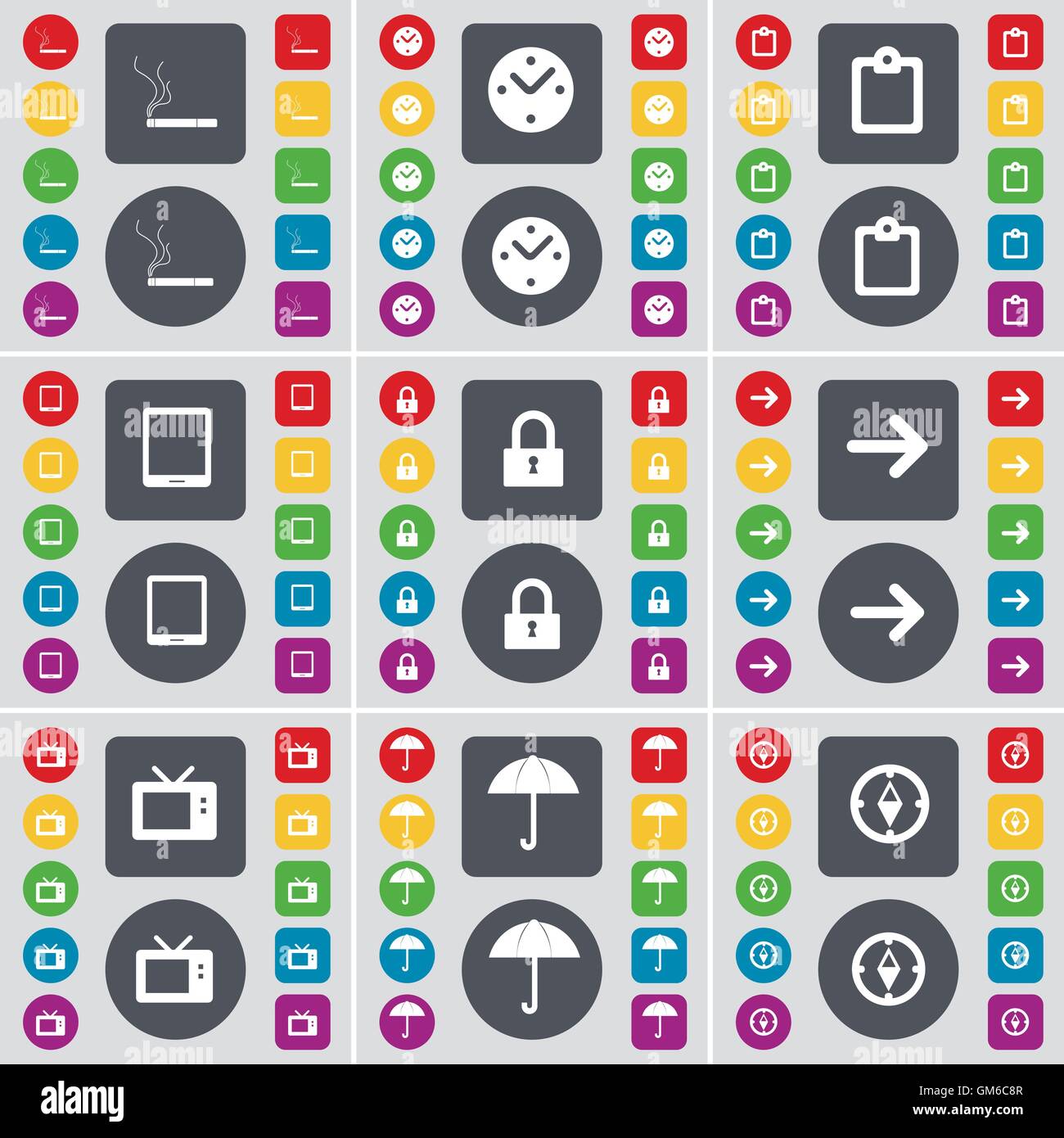 Sigaretta, orologio, indagine, Tabella PC, bloccare, freccia destra, TV retrò, ombrello, icona della bussola simbolo. Un grande insieme di Piana, pulsanti colorati per il vostro design. Vettore Illustrazione Vettoriale