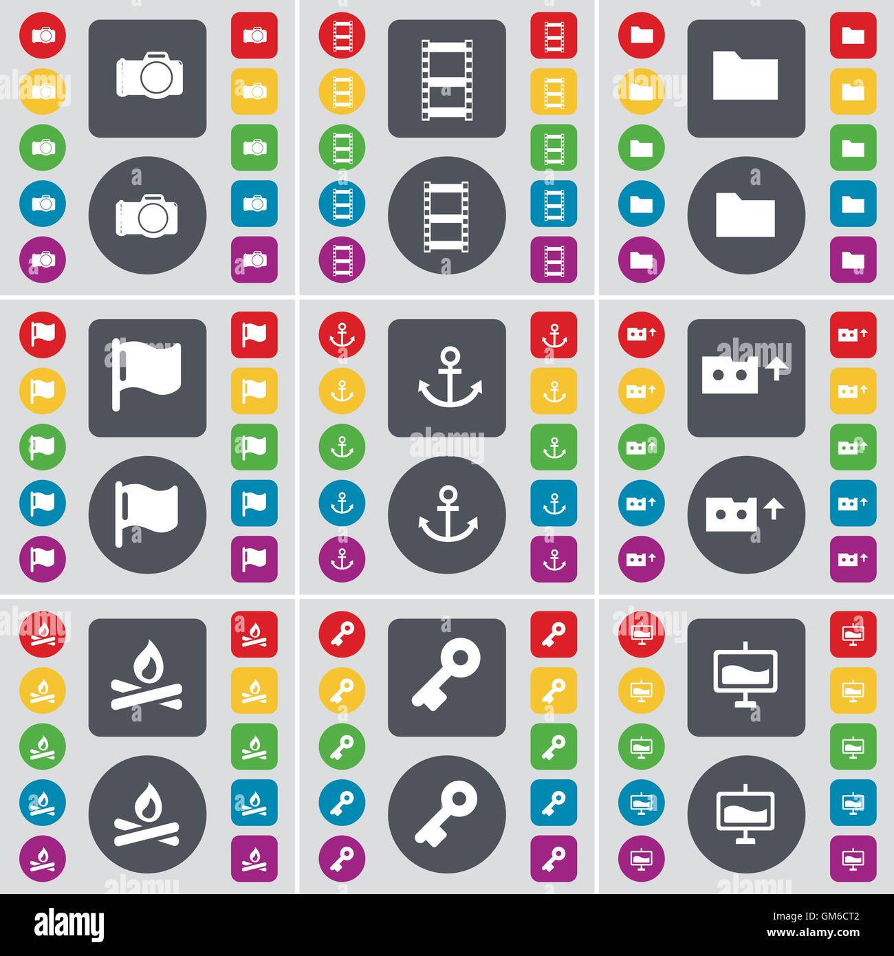 Fotocamera, pellicole negative, Cartella, Bandiera, ancoraggio, cassetta, Fire, tasto icona grafico simbolo. Un grande insieme di Piana, pulsanti colorati per il vostro design. Vettore Illustrazione Vettoriale