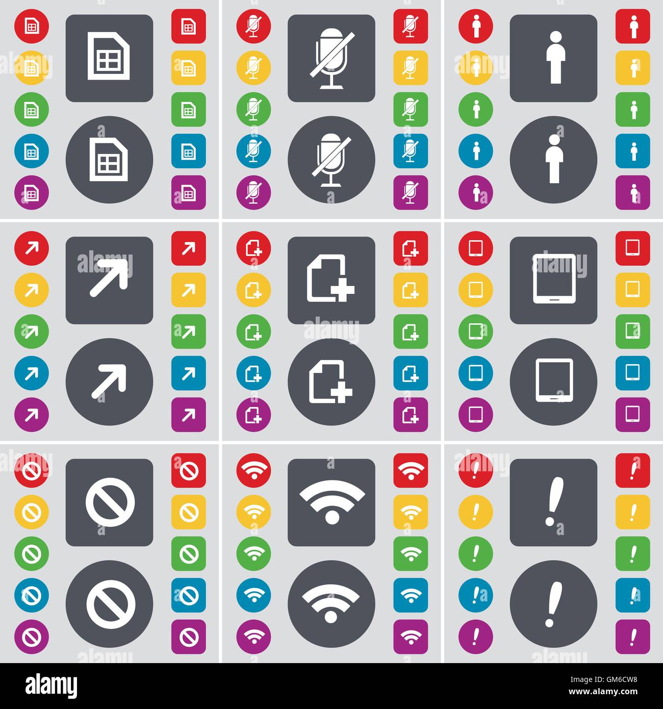 File, microfono, Silhouette, a schermo intero, File, Tablet PC, Stop, Wifi, punto esclamativo Icona simbolo. Un grande insieme di Piana, colo Illustrazione Vettoriale