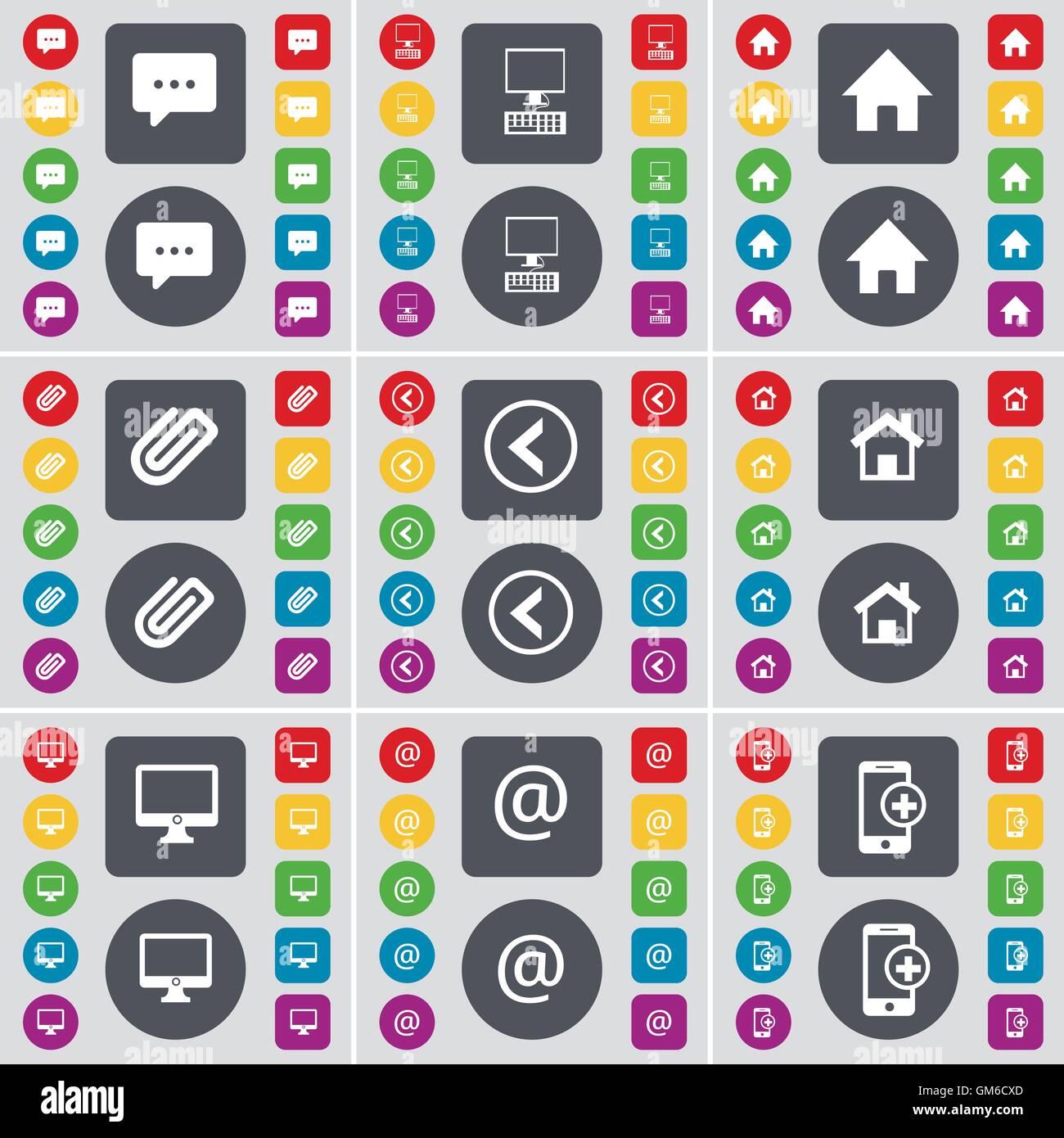 Bolla di chat, Monitor, casa, Clip, Freccia sinistra, casa, Monitor, Mail, Smartphone icona simbolo. Un grande insieme di Piana, pulsanti colorati per il vostro design. Vettore Illustrazione Vettoriale