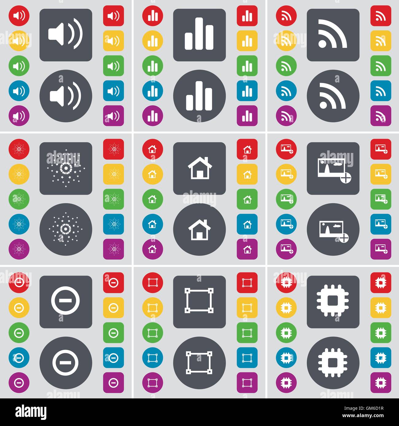 Suono, Diagramma, RSS, stella, casa, foto, meno, telaio, processore icona simbolo. Un grande insieme di Piana, pulsanti colorati per il vostro de Illustrazione Vettoriale