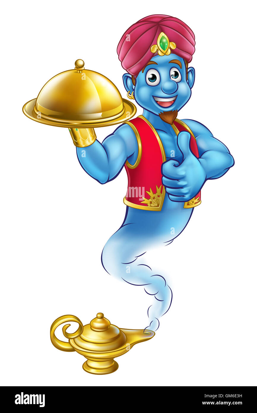 Un cartoon genie come nella storia di Aladdin proveniente da una lampada magica e tenendo un vassoio di cibo mentre dando un pollice in alto Foto Stock