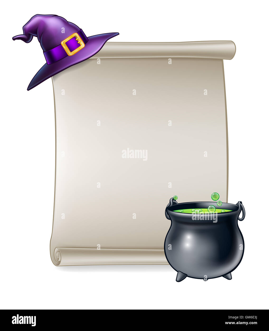 Un cartoon Halloween segno di scorrimento con una procedura guidata o witchs hat e un calderone magico Foto Stock