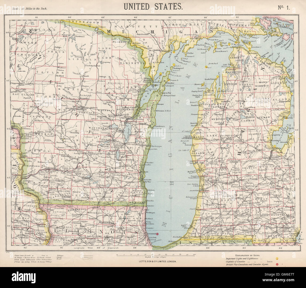 Il lago Michigan. Wisconsin Michigan Chicago. Ferrovie fari. LETTS 1889 mappa Foto Stock