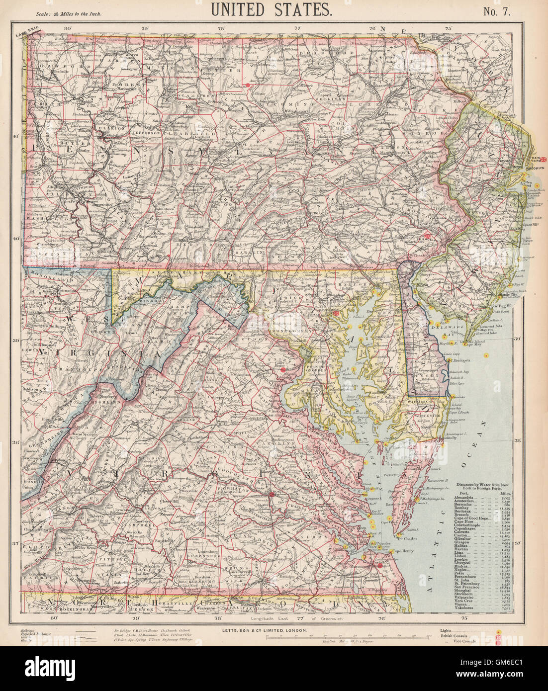 MID-ATLANTIC membri. In Pennsylvania NJ Maryland Delaware Virginia. LETTS 1889 mappa Foto Stock