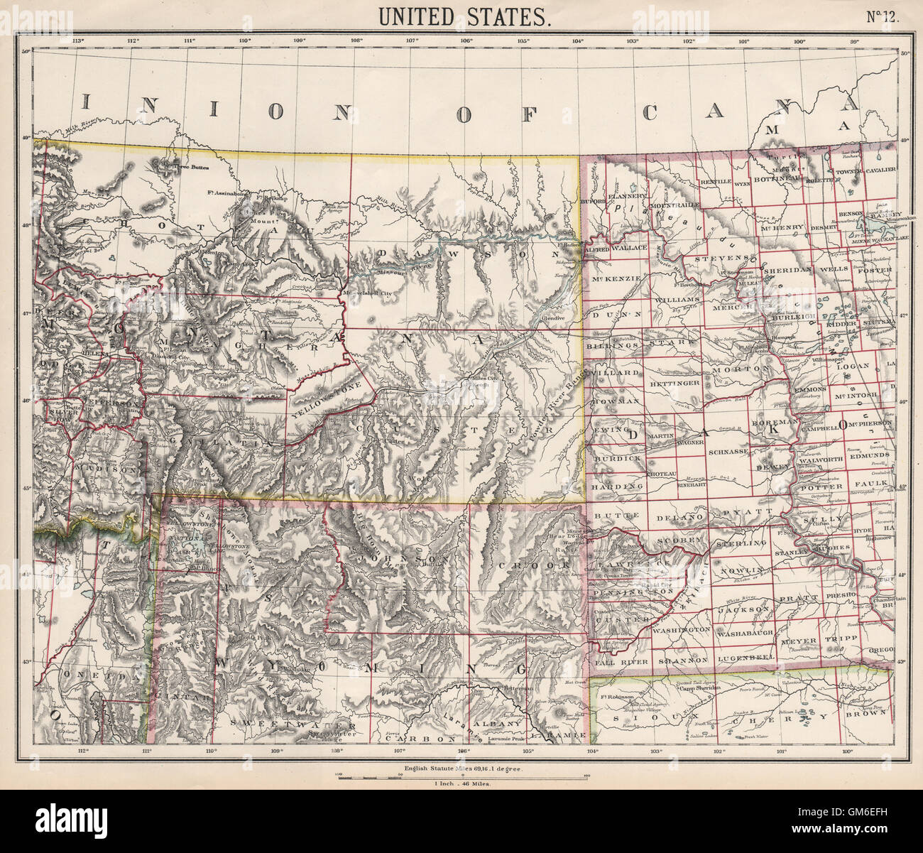 Montagne Rocciose. Montana Wyoming. Territorio Dakota. LETTS 1889 mappa antichi Foto Stock