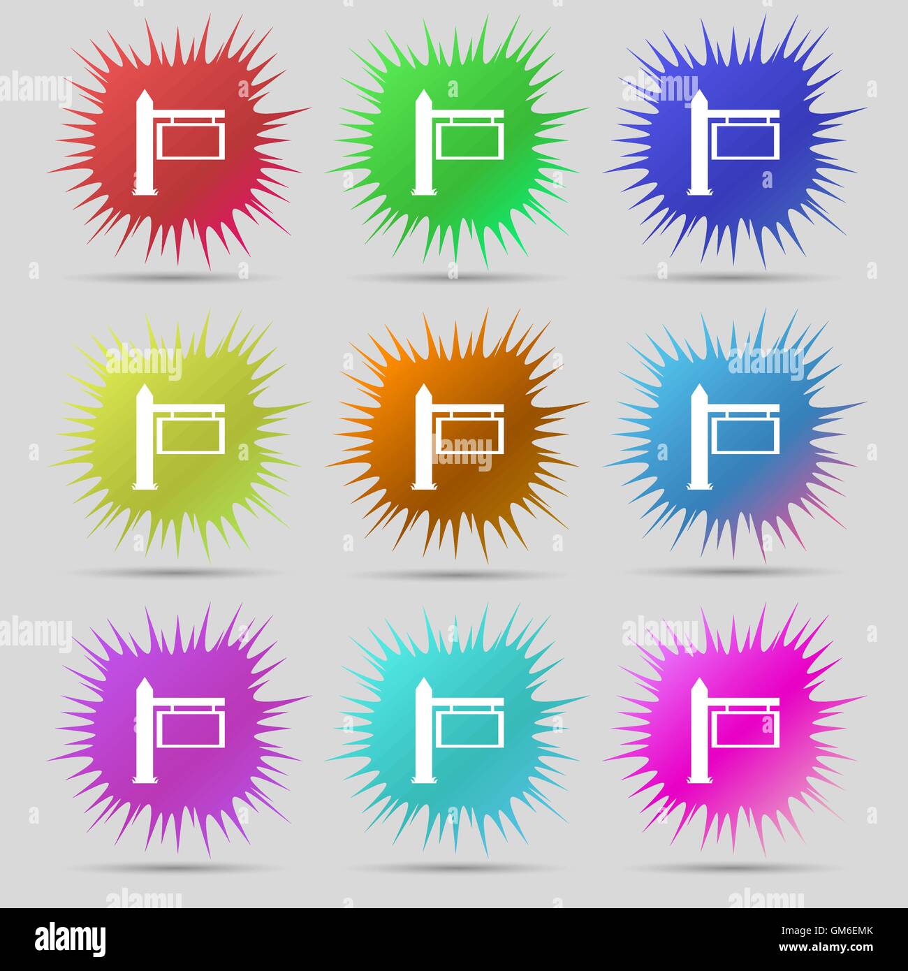 Informazioni su strada icona Segno di segno. Nove originale pulsanti ad ago. Vettore Illustrazione Vettoriale