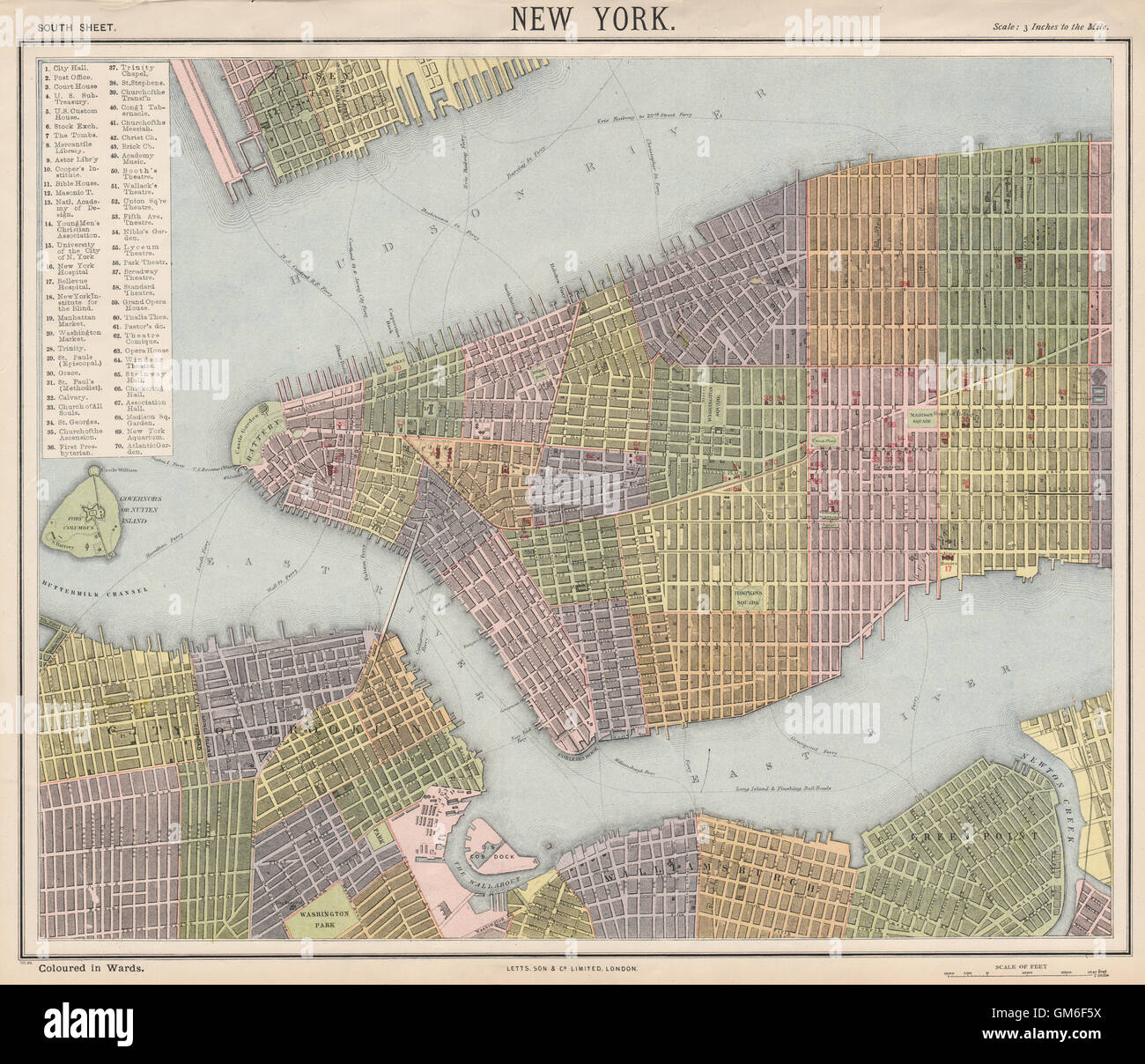 NEW YORK CITY town mappa piano. Abbassare/midtown Manhattan Brooklyn. LETTS 1889 Foto Stock