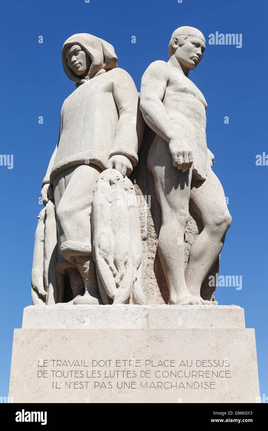 Le quattro gare statua rappresenta i lavoratori provenienti da diversi mestieri e continenti a Ginevra, Svizzera Foto Stock