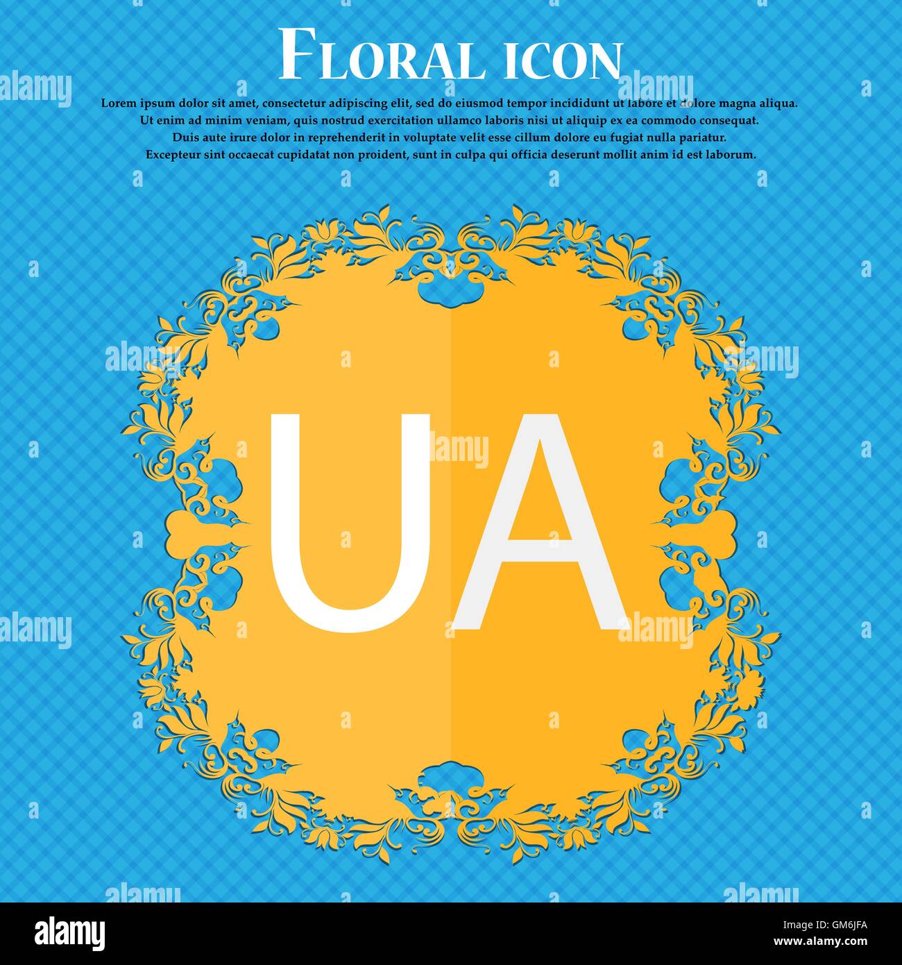 L'Ucraina segno icona. simbolo. UA navigazione. Floral design piatto su un blu sfondo astratto con posto per il vostro testo. Vettore Illustrazione Vettoriale