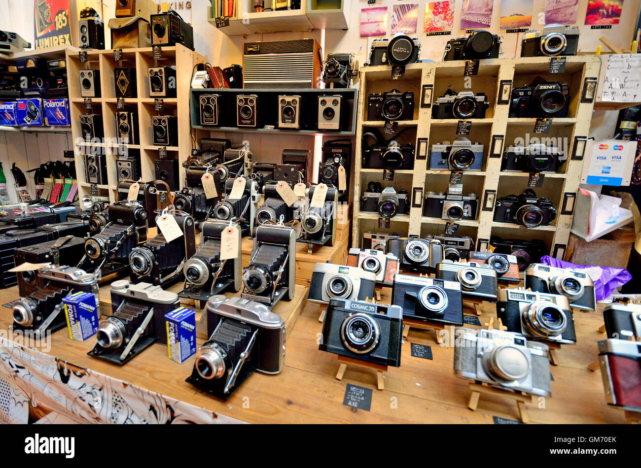 Londra Inghilterra, Regno Unito. Il mercato di Camden - stallo con fotocamere vintage Foto Stock Londra Inghilterra, Regno Unito. Il mercato di Camden - stallo con fotocamere vintage Foto Stock
