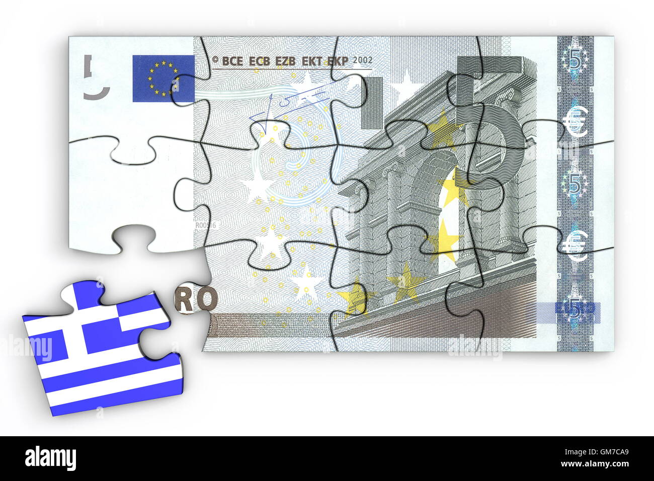 5 Euro Nota Puzzle e un pezzo di Greco Foto Stock