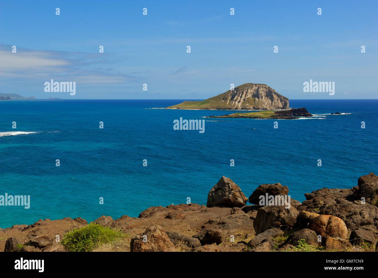 Vista Isola con belle, luminoso blu oceano acqua con patch di erba Foto Stock