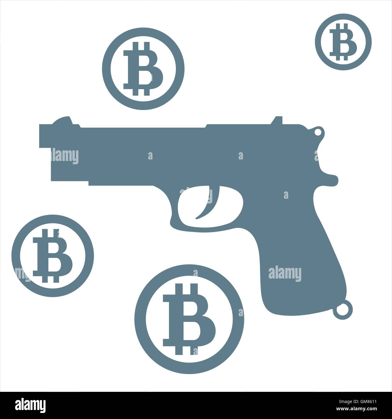 Foto sulle transazioni in bitcoin: bitcoins e pistola su uno sfondo bianco Illustrazione Vettoriale