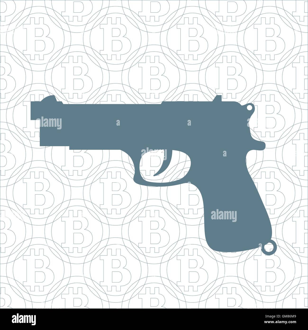 Icona stilizzata di una pistola colorata sullo sfondo di bitcoin Illustrazione Vettoriale