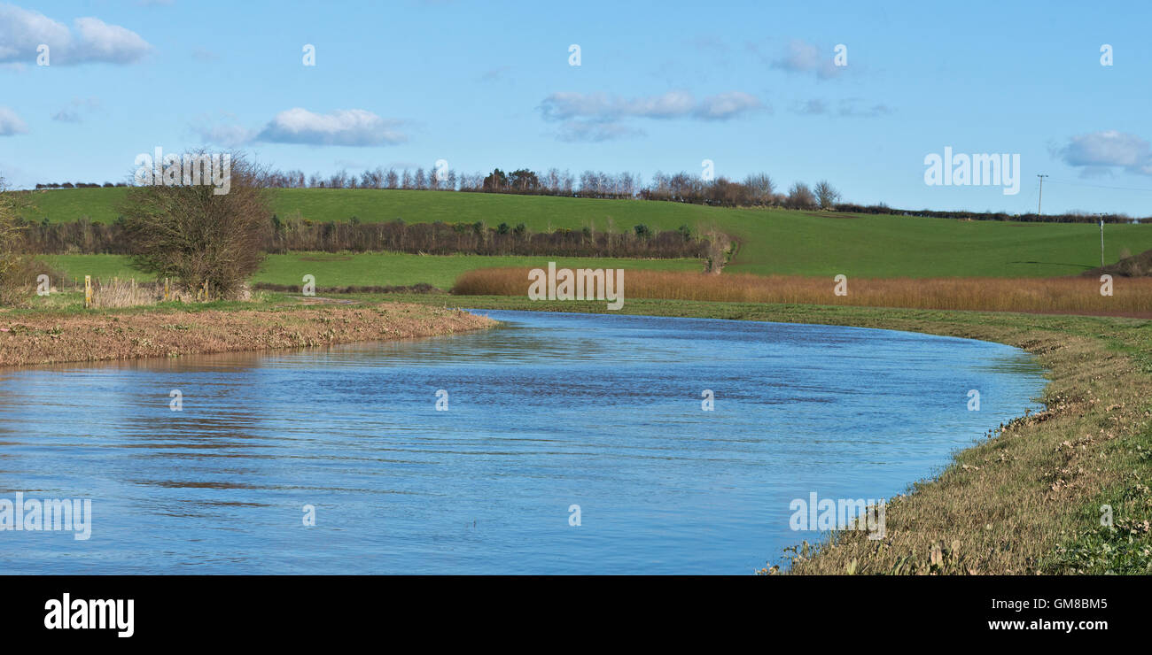 Una vista panoramica cercando lungo il fiume in tono ondata verso Windmill Hill sui livelli di Somerset Foto Stock