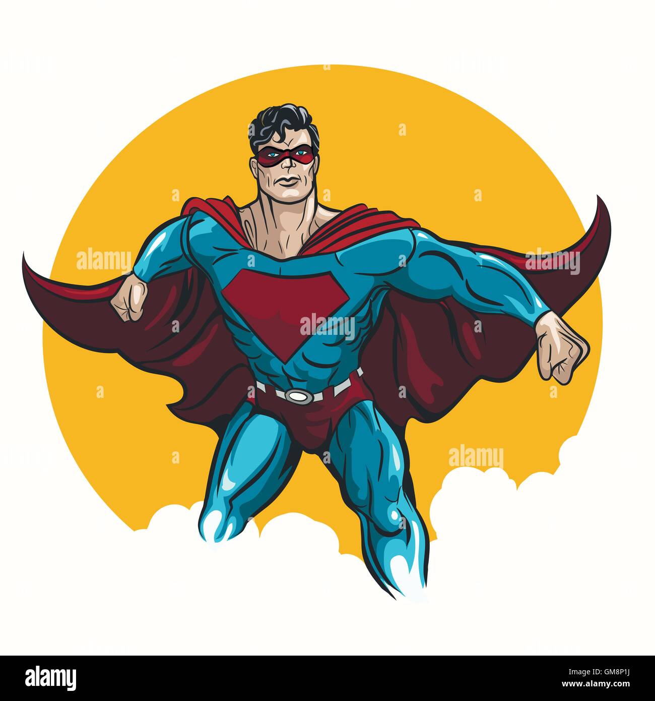Il supereroe in piedi con cape sventolare nel vento. Illustrazione in stile fumetto. Illustrazione Vettoriale
