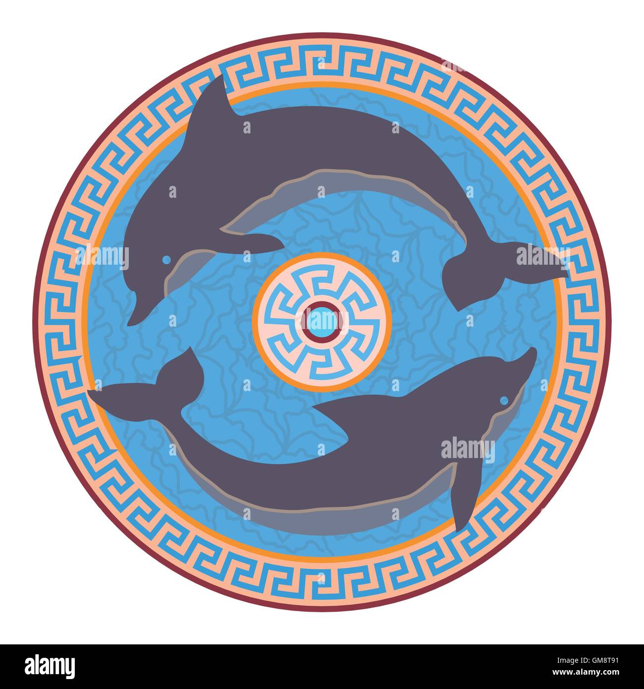Rosette con due delfini di salto. Lo stile di Minoan. Design per il logo, illustrazione, t-shirt, borsa, tatuaggi, annunci ecc. Illustrazione Vettoriale