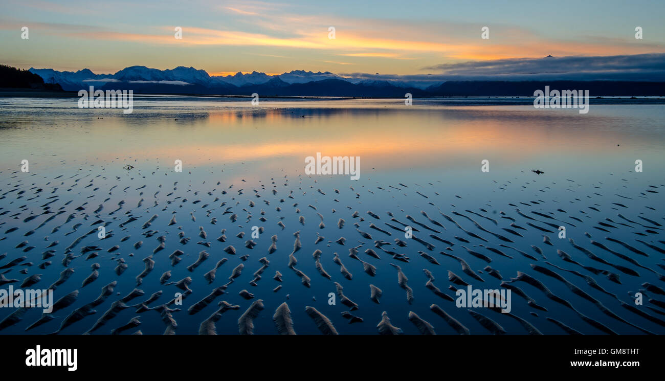 Le prime luci dell alba si riflette un pool di marea Foto Stock