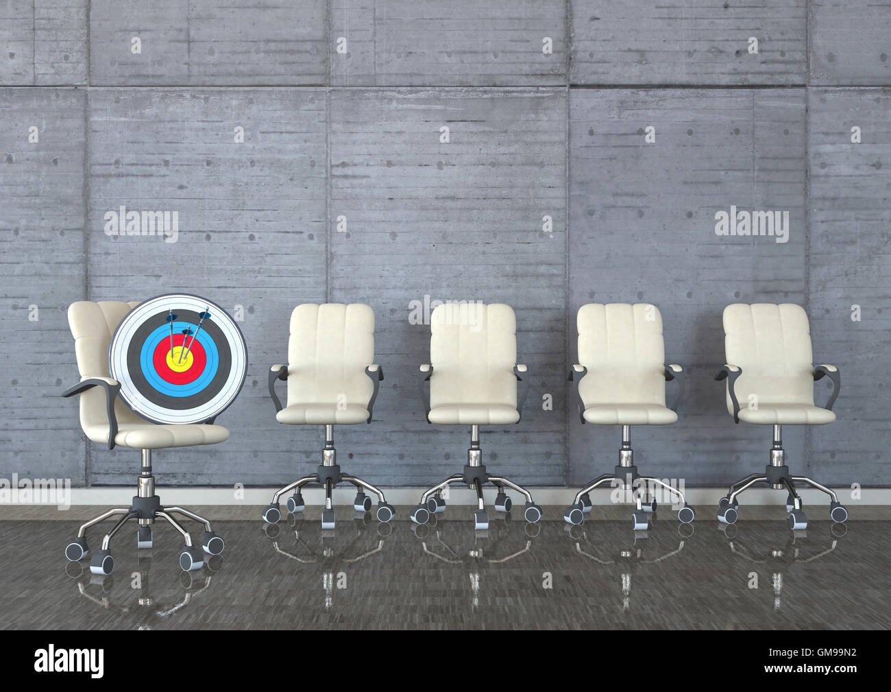 Il Cacciatore di testa, sedie girevoli con il target e le frecce in una camera, 3D illustrazione Foto Stock