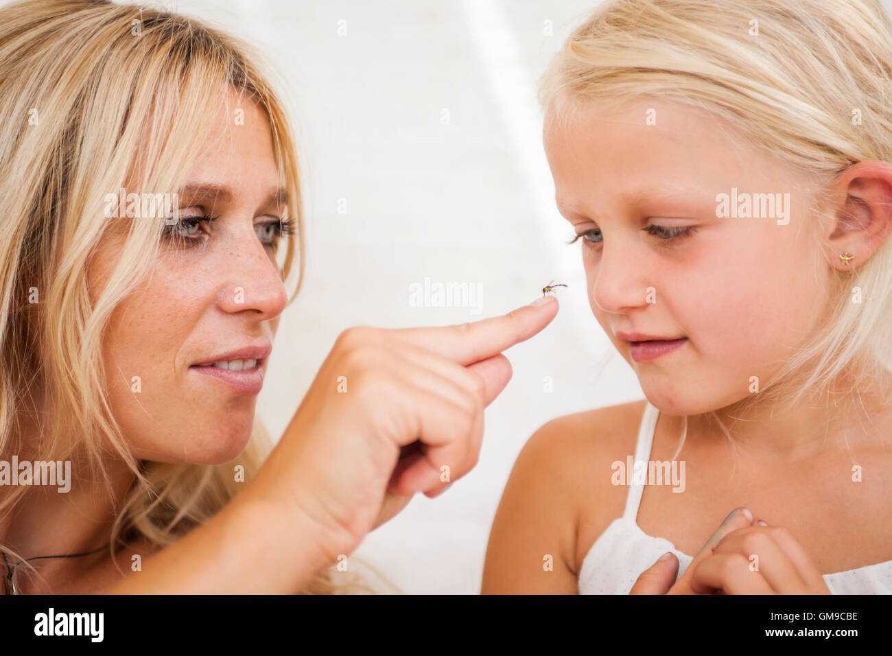 Bambina guarda volare seduto sulla sua madre del dito Foto Stock