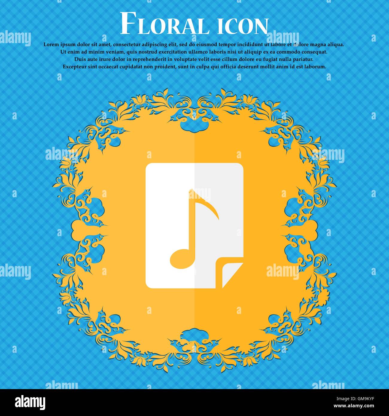 Audio, MP3 file icona segno. Floral design piatto su un blu sfondo astratto con posto per il vostro testo. Vettore Illustrazione Vettoriale