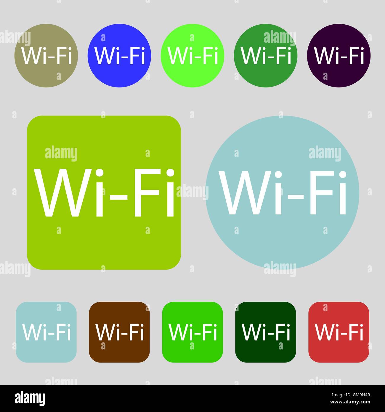 Wifi gratuito segno. Wi-fi simbolo. Icona di rete wireless. 12 pulsanti colorati. Design piatto. Vettore Illustrazione Vettoriale