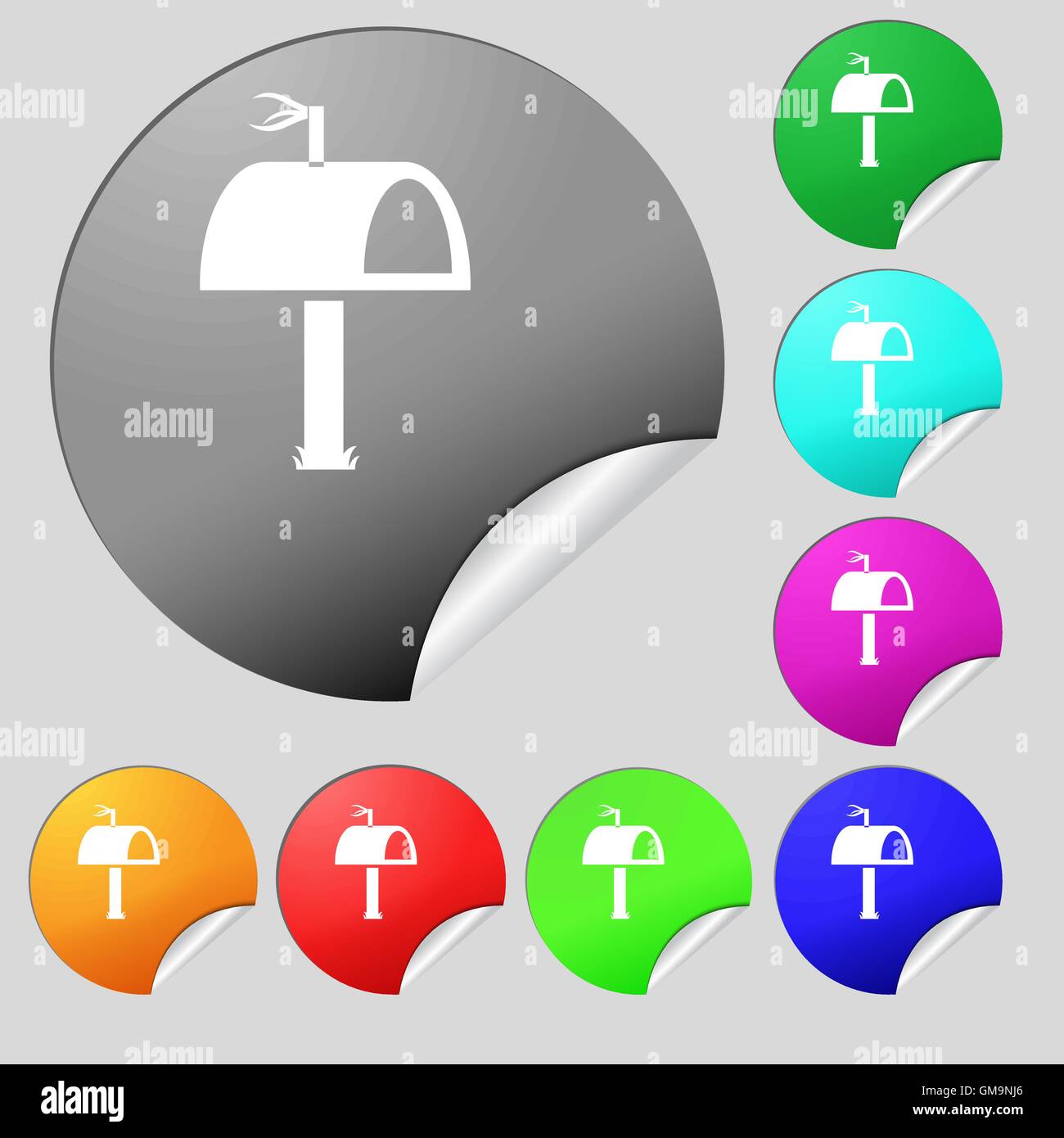 Icona di cassetta postale segno. Set di otto multi colore pulsanti rotondi, adesivi. Vettore Illustrazione Vettoriale