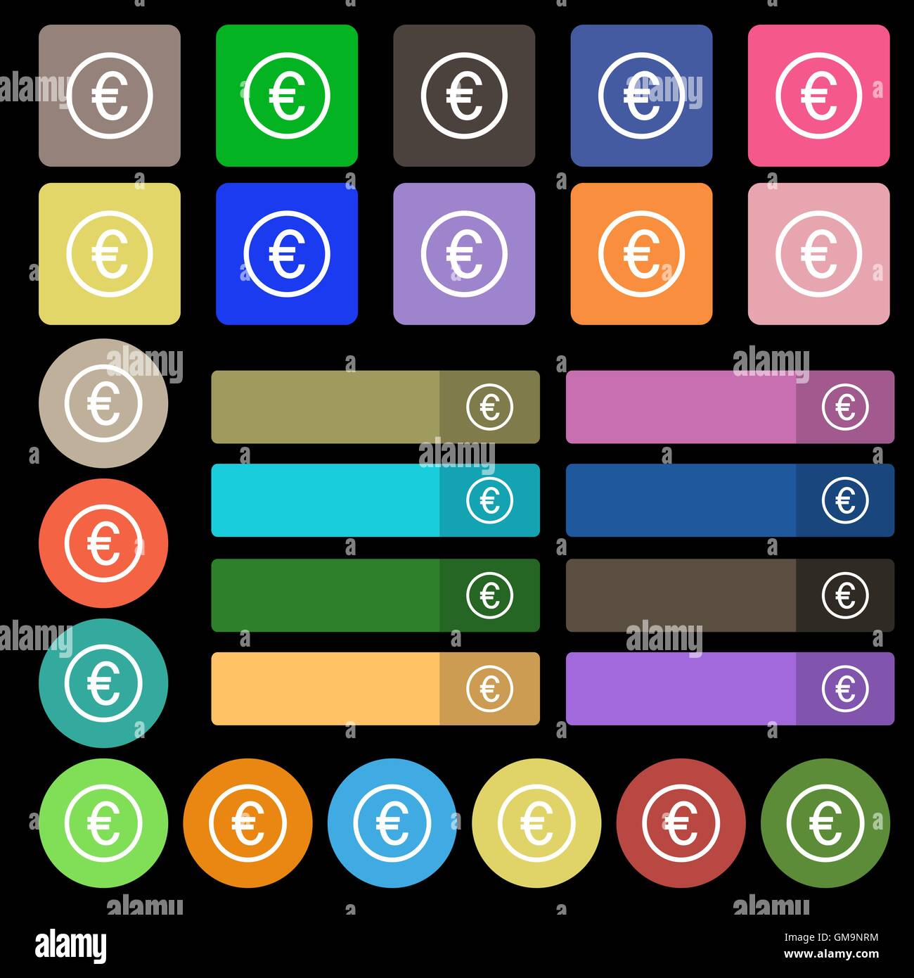 Icona di Euro segno. Set da venti sette multicolore pulsanti piana. Vettore Illustrazione Vettoriale