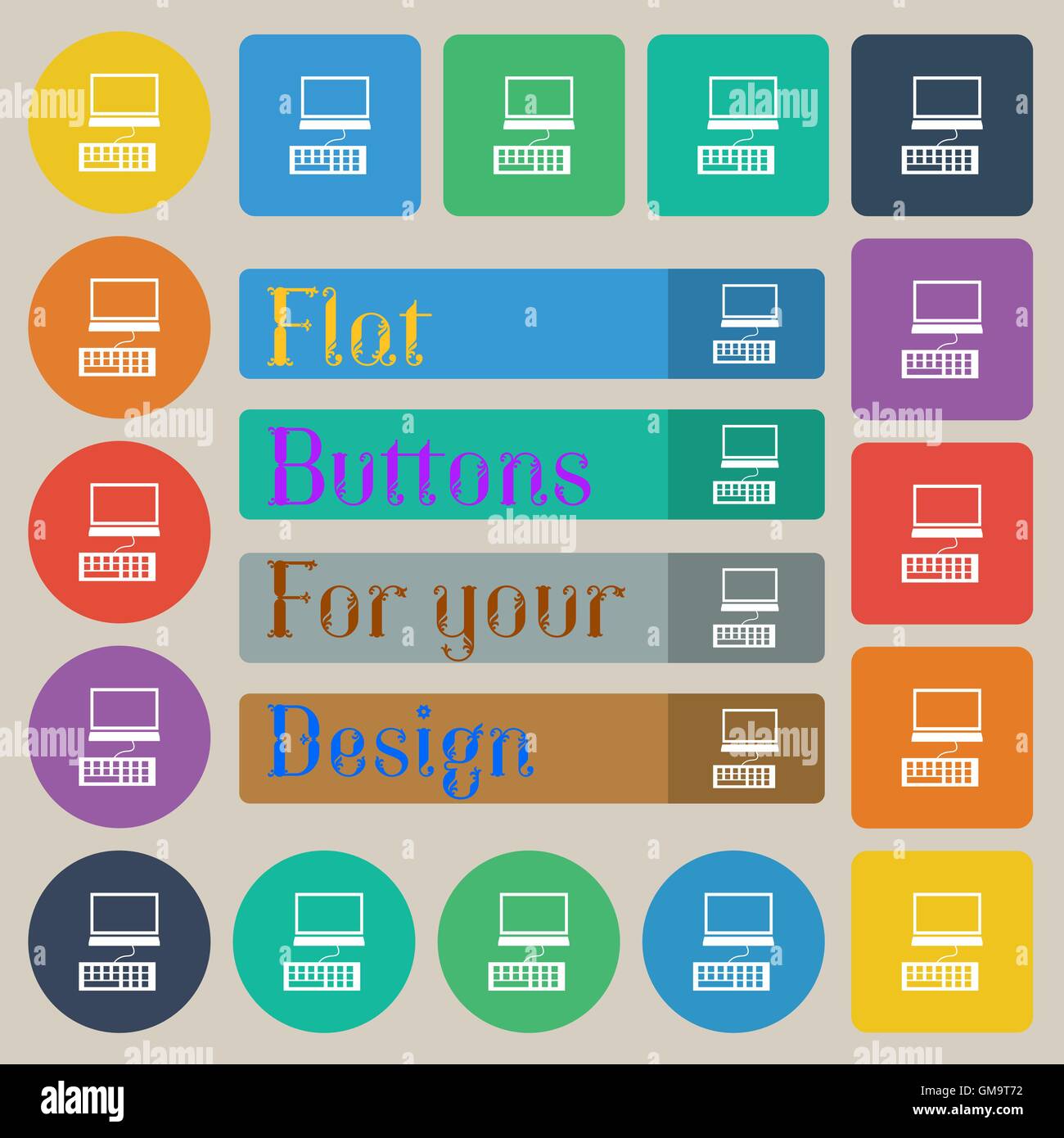 Il monitor di un computer e icona della tastiera. Set di venti colorata piatte, rotonde, quadrate e rettangolari di pulsanti. Vettore Illustrazione Vettoriale